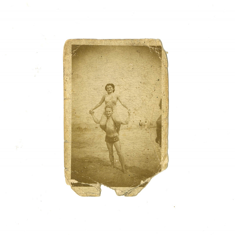 Ben with his wife, Gertrude, at a beach, unknown date (1940's)