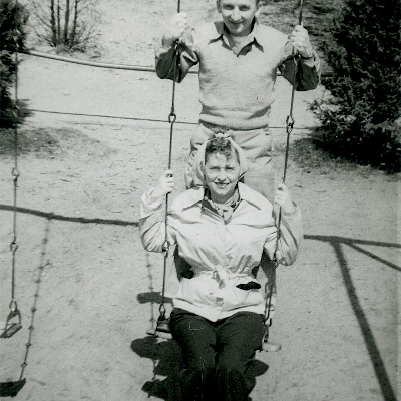Ben and Gertrude on a swing on their honeymoon in New Jersey, April 1946