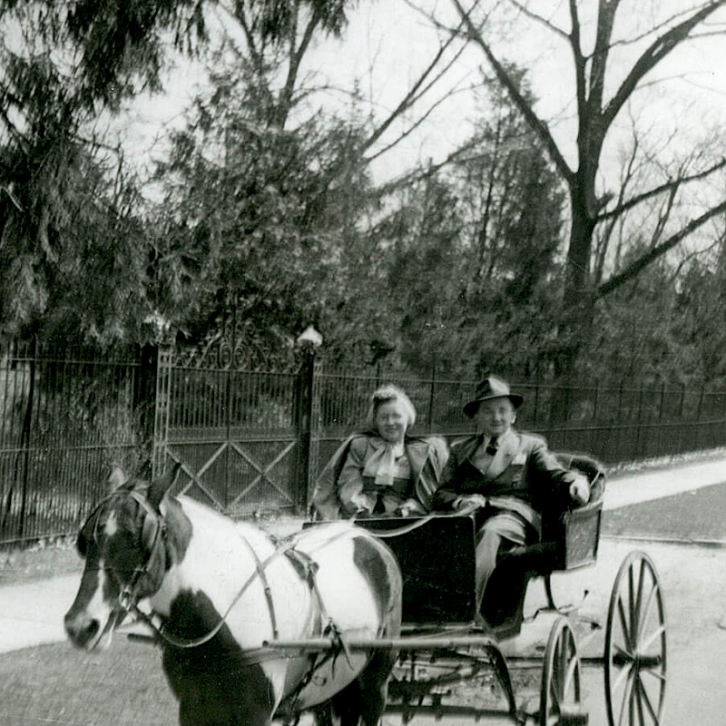 Ben and Gertrude riding in a horse-drawn carriage on their honeymoon in New Jersey, April 1946