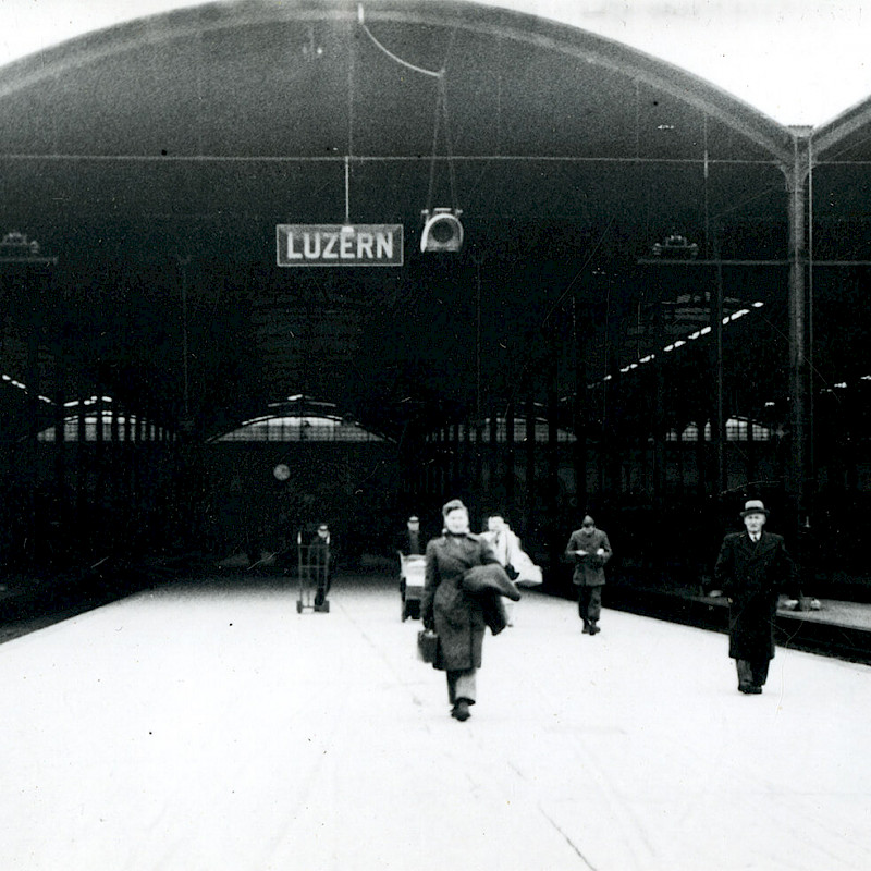 Train station in Switzerland, December 1946