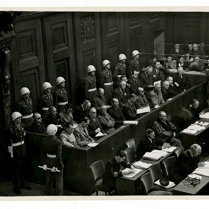 View of 21 defendants during the Einsatzgruppen case, 1947