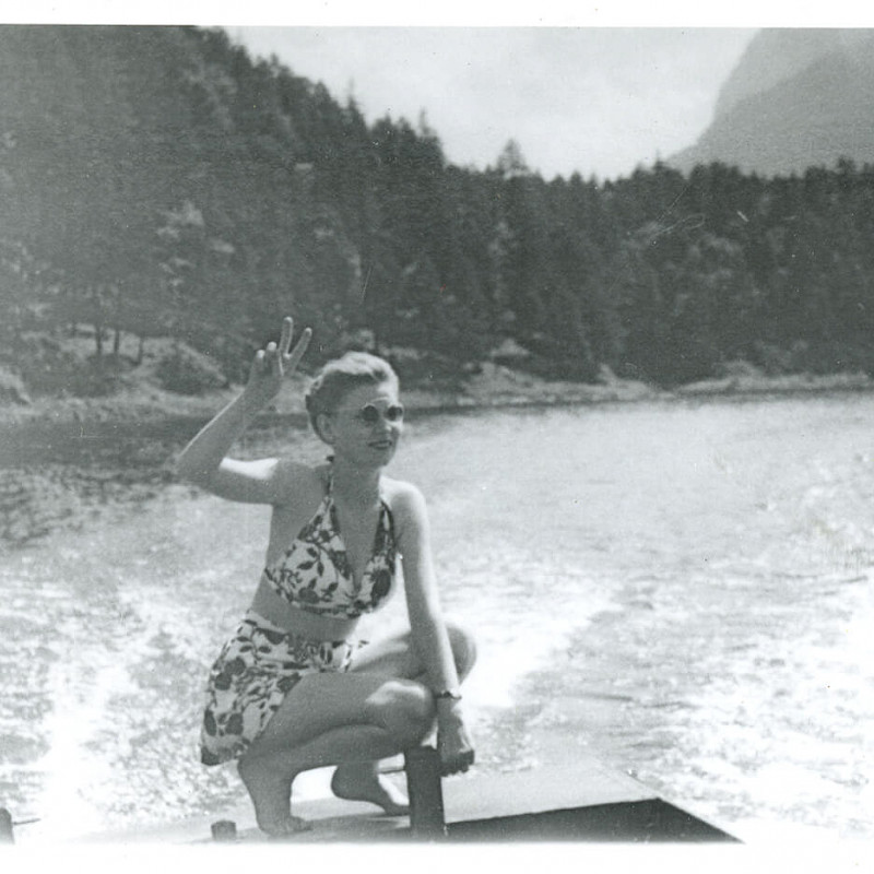 Gertrude by the water in Garmisch, Germany, 1947