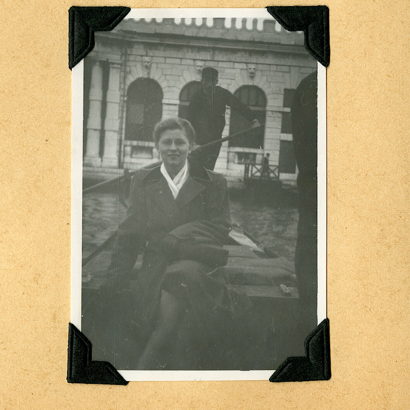 Gertrude in a rowboat in Venice, November 1947