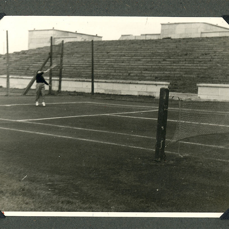 Ben at a tennis court at Soldier's Field, July 1950