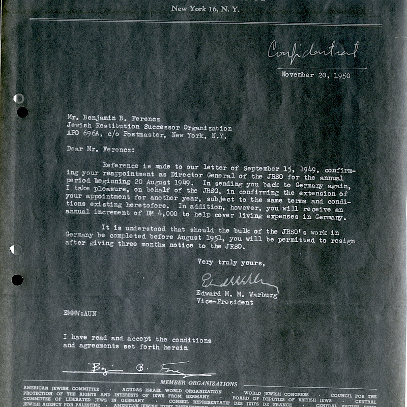 Ben's hire letter from the Jewish Restitution Successor Organization, reappointing him to the post of Director General, November 20, 1950
