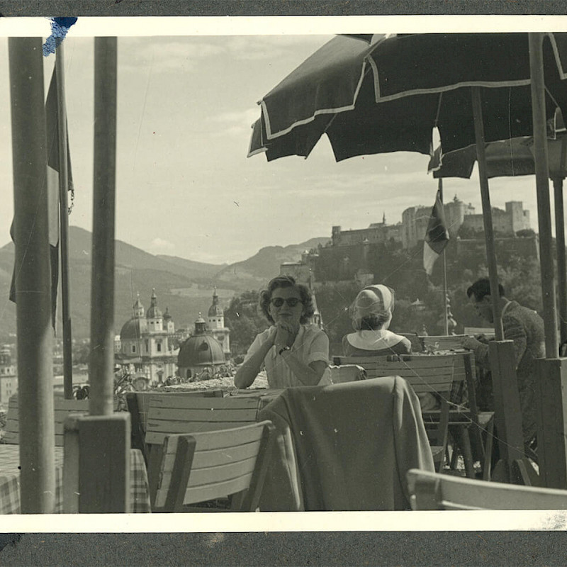 Gertrude at a restaurant in Salzburg, Austria, September 1950