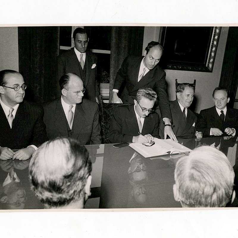Ben (seated, far right) with the Hague delegation to The Claims Conference, 1951/1952
